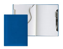 blue casebound faux leather cutaway journal with pen